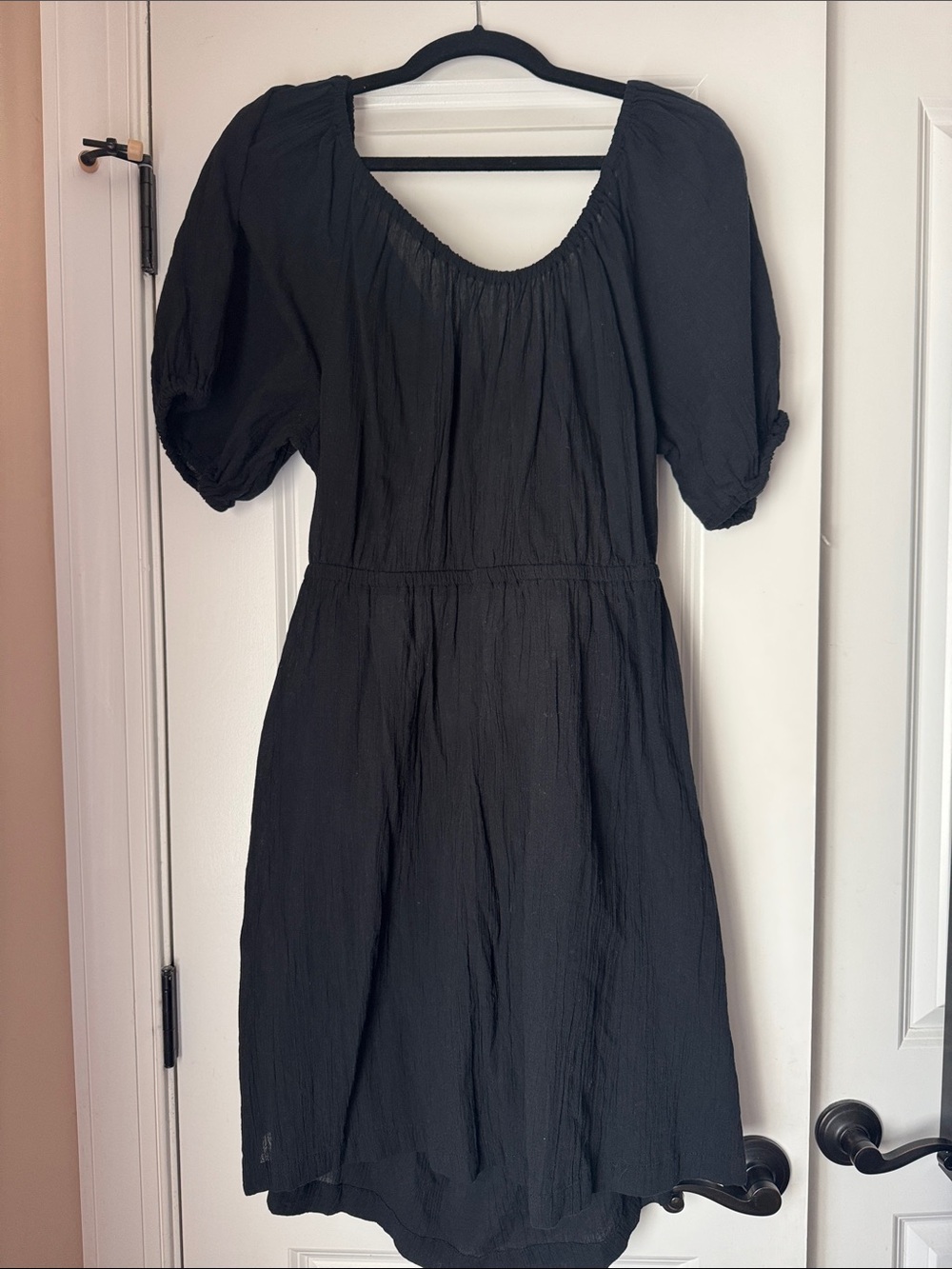 Women's Black Puff-Sleeve Dress with pockets and open/tie back